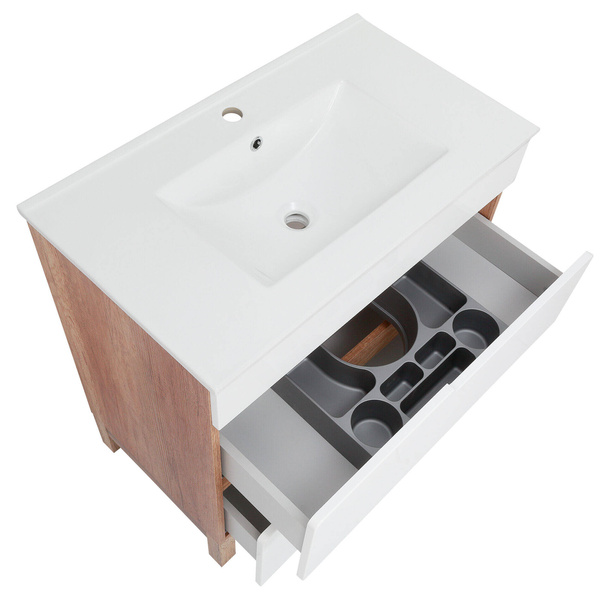 Astor Waschbeckenunterschrank 80 cm 2 Schubladen Diana Weiß Hochglanz/Landhaus Eiche
